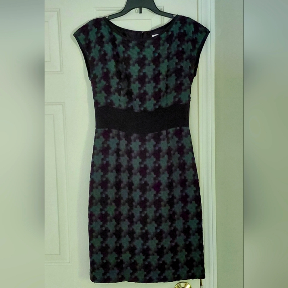 Trina Turk Black Green Herringbone Office Work Party Holiday Lined Dress. Size 4